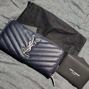 Saint Laurent Navy Quilted Leather Zip Wallet with Silver YSL Logo